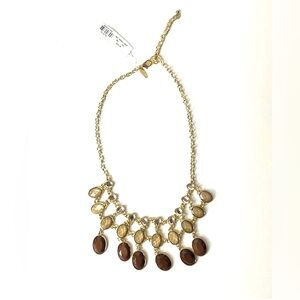 NY & Co Gold Tone Statement Bib Necklace Brown Cream Crystal Drops